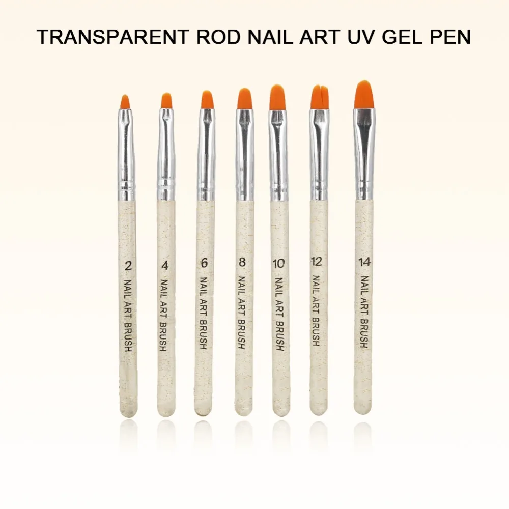 7pcs Transparent Handle With Gold Decor UV Gel Nail Brush Nylon Multiple Size Specifications Transparent Handle Nail Pen