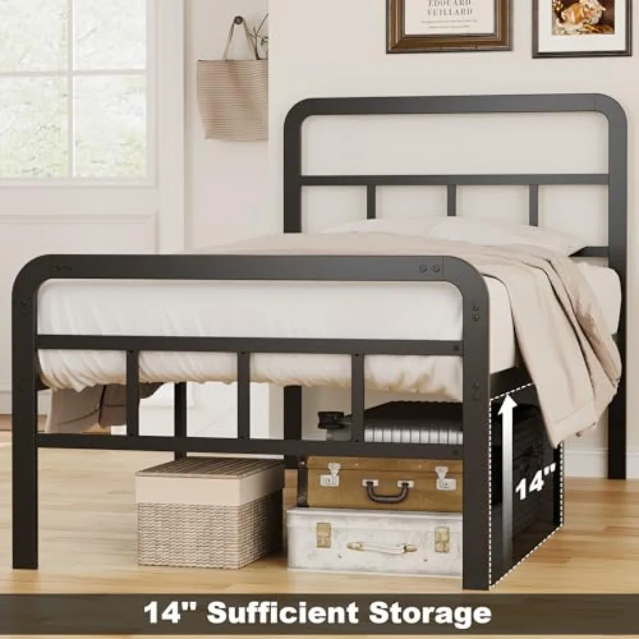 Telai letto matrimoniali da 16 pollici con testiera e pediera, doghe in metallo resistenti, supporto piattaforma doppia, senza bisogno di molle