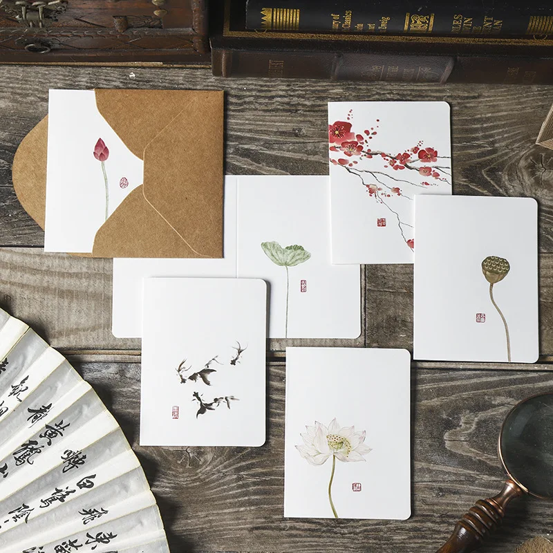 10pcs Ink Style Greeting Cards Blessing Cards Antique Style Cards Birthday Gifts Handwritten Greeting Cards with Envelopes