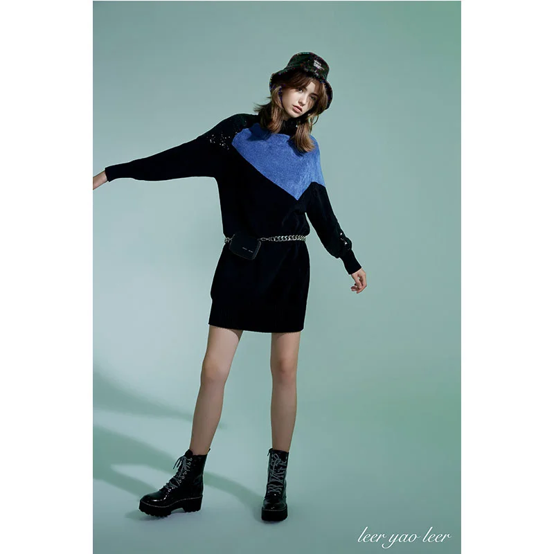 Women's Autumn High Street Fashion Thick Turtleneck Sweater Sequin-Decorated Patchwork Knitting Pullover All-match Sleeve