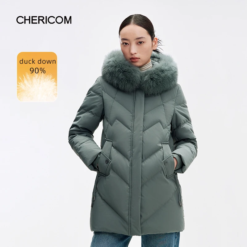 Chericom Women's Winter Down Jacket Fox Fur Collar Hooded Warm Thickened Puffer Coat Solid Color Versatile Padded Jacket 299310