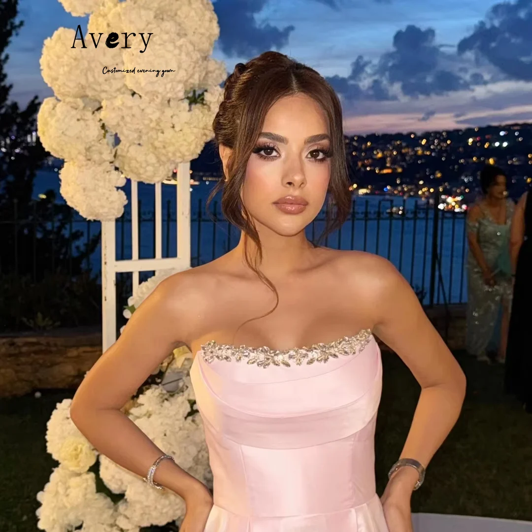 에이버리 맞춤형 핑크 민소매 오프숄더 라인스톤 럭셔리 우아한 파티 드레스 웨딩 여성 이브닝 드레스