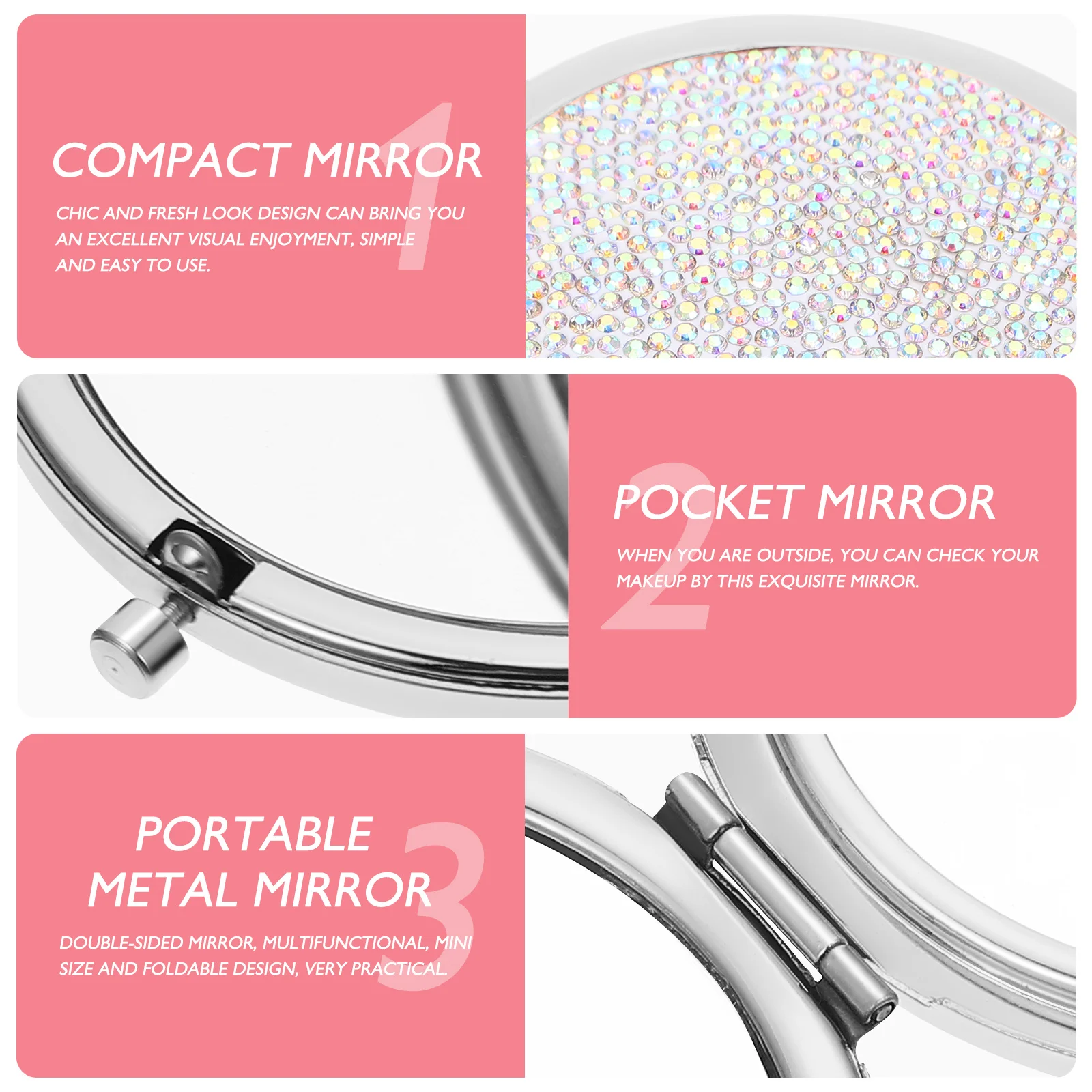 Specchio Portatile in Metallo con Strass, Compatto Pieghevole a Doppia Faccia per Trucco all'Aperto, Essenziale da Viaggio Tascabile