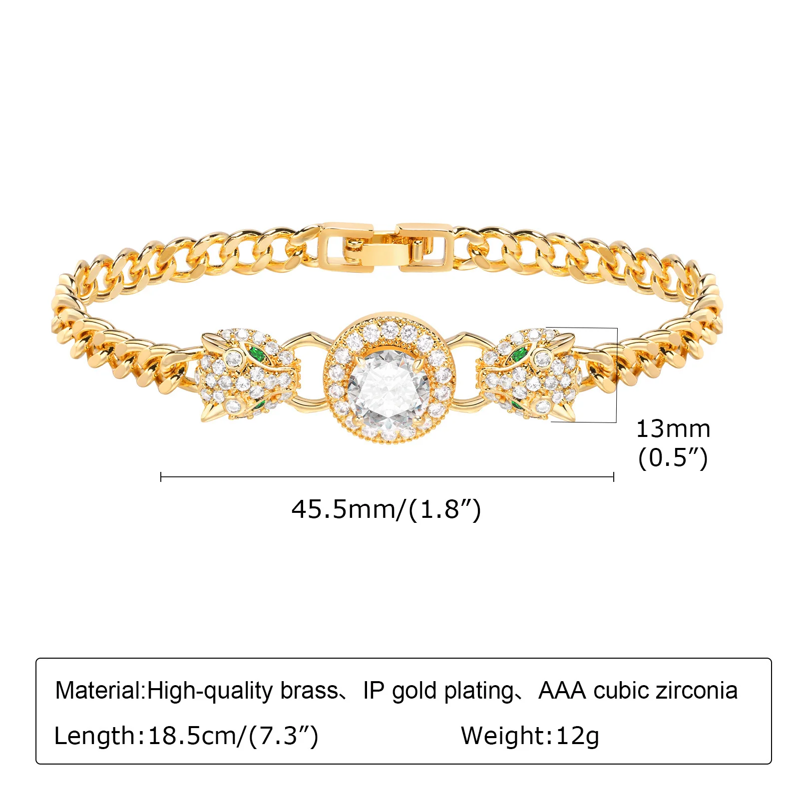 Double Leopard Heads Charm Chain Bracelets for Women Girls, Chic Bling CZ Stone Gold Color Metal Link Cuff Bracelet Wristband