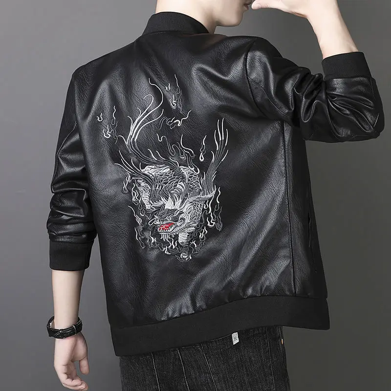 Simulation leather men's spring and autumn new embroidered casual motorcycle PU leather jacket handsome leather jacket men