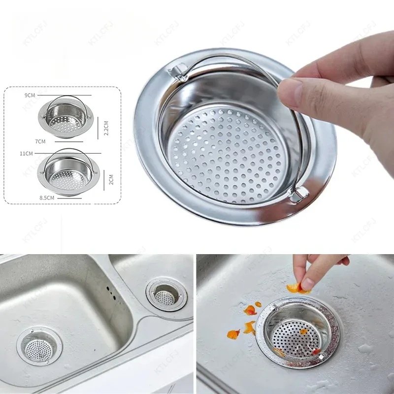 Colador de fregadero de cocina con diseño de mango, acero inoxidable, sin óxido, antiobstrucción, drenaje, accesorios para el hogar