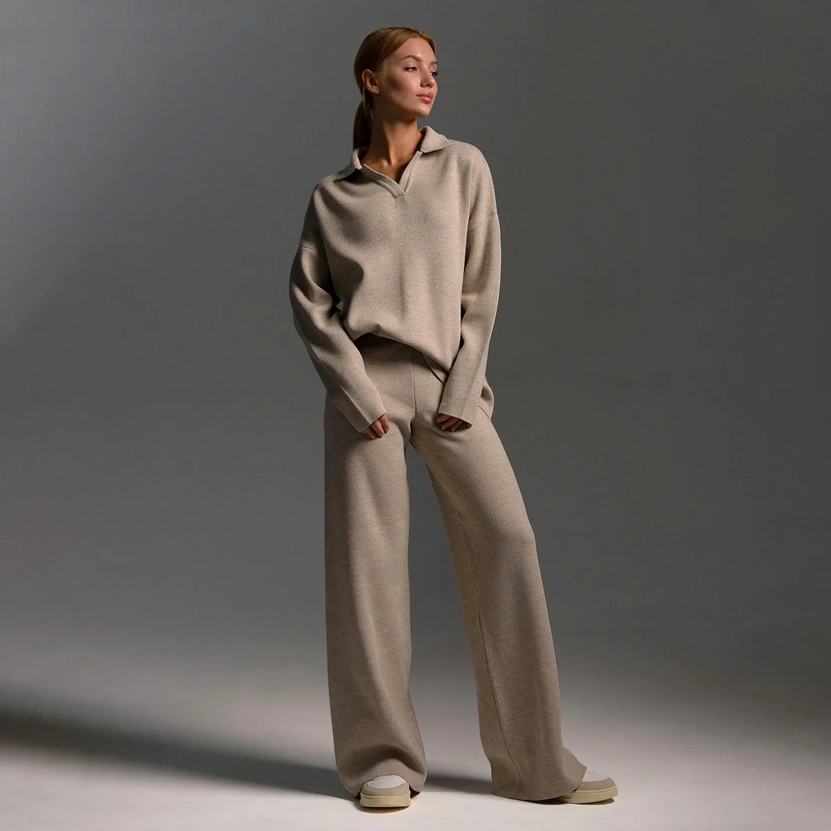 

Simple Solid Color Knitted Pants Sets Women Fashion Casual Loose Lapel Pullover Sweater Wide Leg Trousers Two Piece Set Female