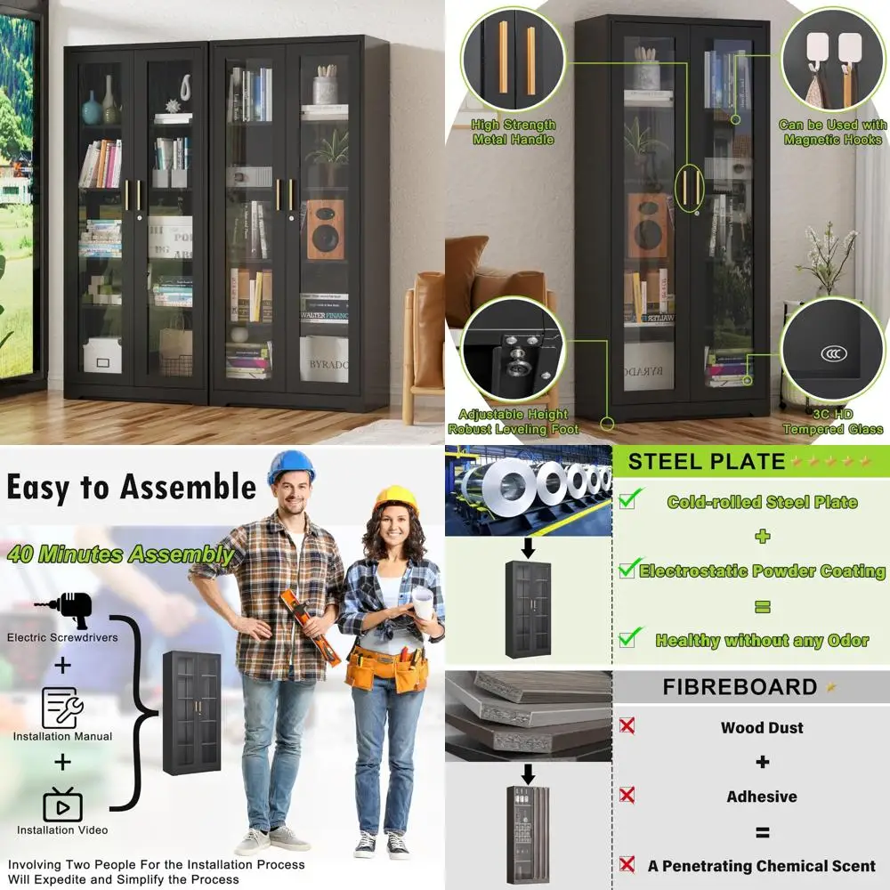 

Glass Door Display Cabinet, Lockable Curio Cabinet, Metal and Glass Showcase for Kitchen and Living Room, 71 Inches Tall