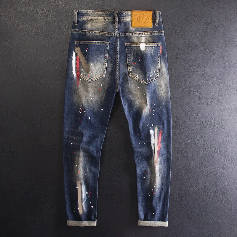 2025 Spring Autumn New Slim Jean Men Blue Splattered Paint Pants Men's Personalized Patchwork Elastic Jeans Men Vaqueros Hombre