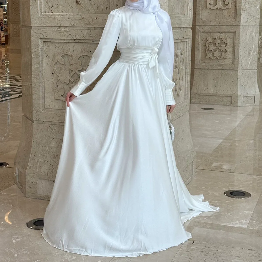 

Customized A-line Evening Dresses Floor-length O-neck Full Sleeve Prom Gown Simple Fashion Sashes Draped Casual Party Gown