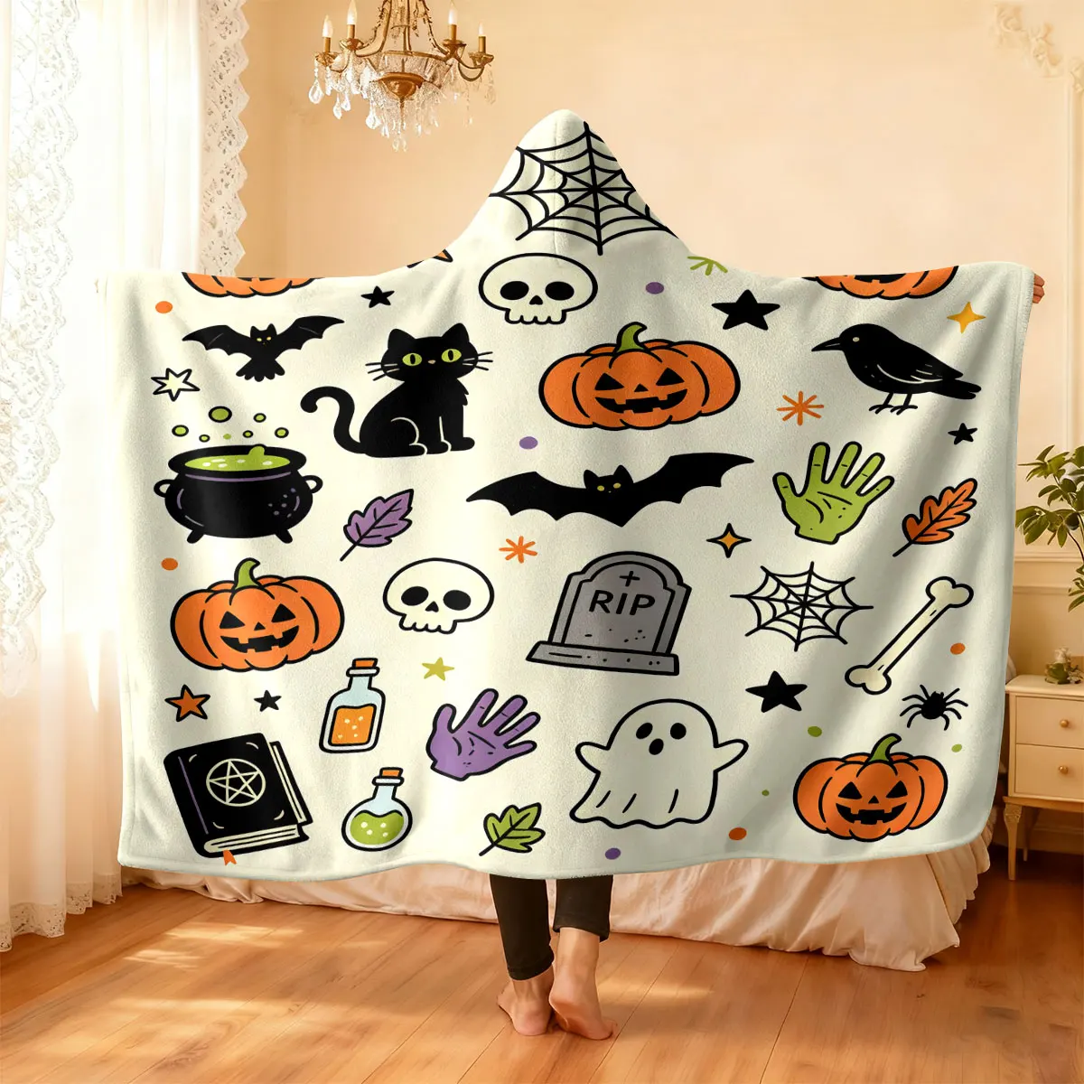 1pc Halloween pumpkin skull bat ghost hat blanket flannel hoodie wearable cape blanket soft and casual, can be washed