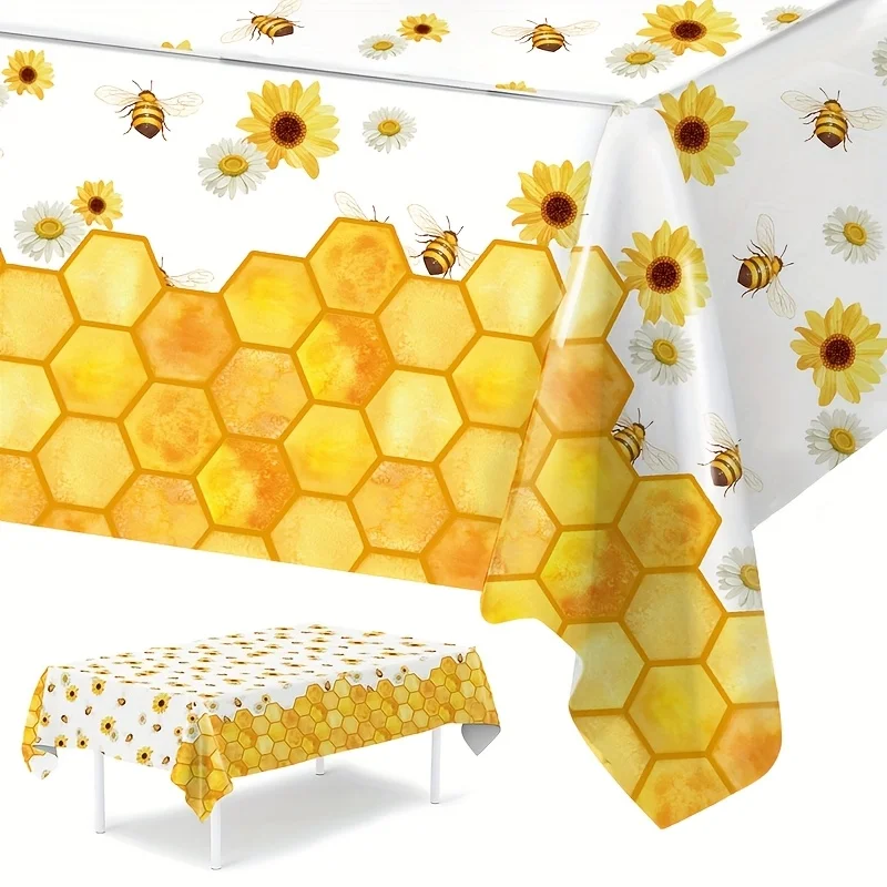 1pc, Honeycomb Daisy Honeycomb Pattern Tablecloth, 86.61*51.18inch, Bee Themed Disposable Plastic Tablecloth, Happy Birthday Par
