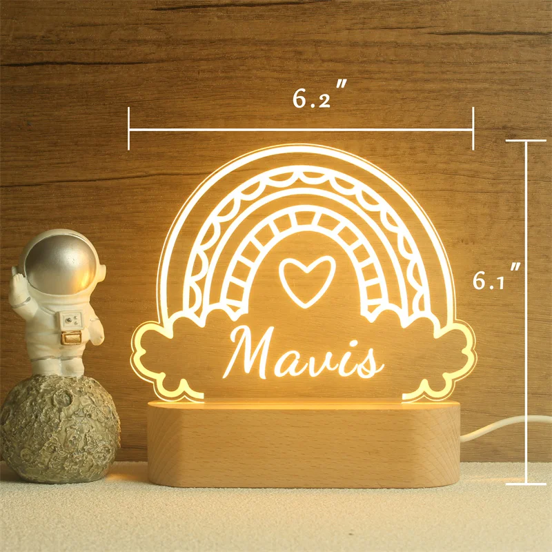 Custom LED Night Light with Wooden Base,Baby Night Light,Cute Rainbow Lamp,Personalized Night Light,Baby Girl Gift