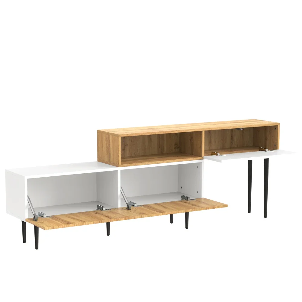 Moderner TV-Schrank mit verstellbarer Länge, Holzoptik + weiß matt, schwarze Metallbeine, multifunktionale Wohnzimmermöbel – Detail 17