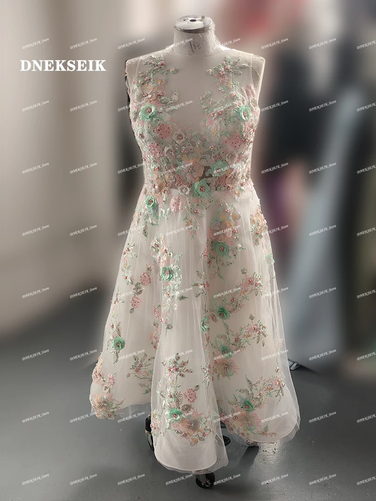 2024 Florals Appliqued Sheer Jewel Neck A Line Short Formal Prom Dresses Buttons Back Ankle Length Homecoming Dress