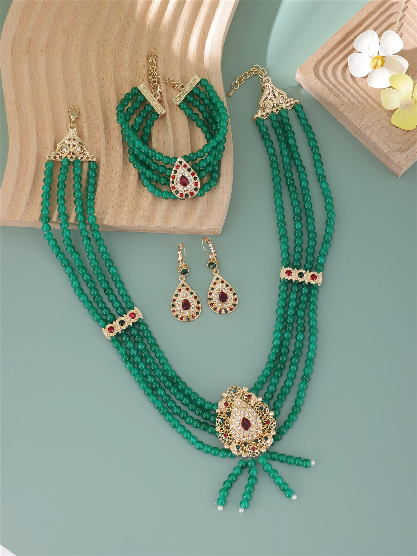 Morocco Wedding Jewelry Set Handmade Natural Green Stone Beads Necklace Set for Bridal Gold Plated Caftan Jewelry