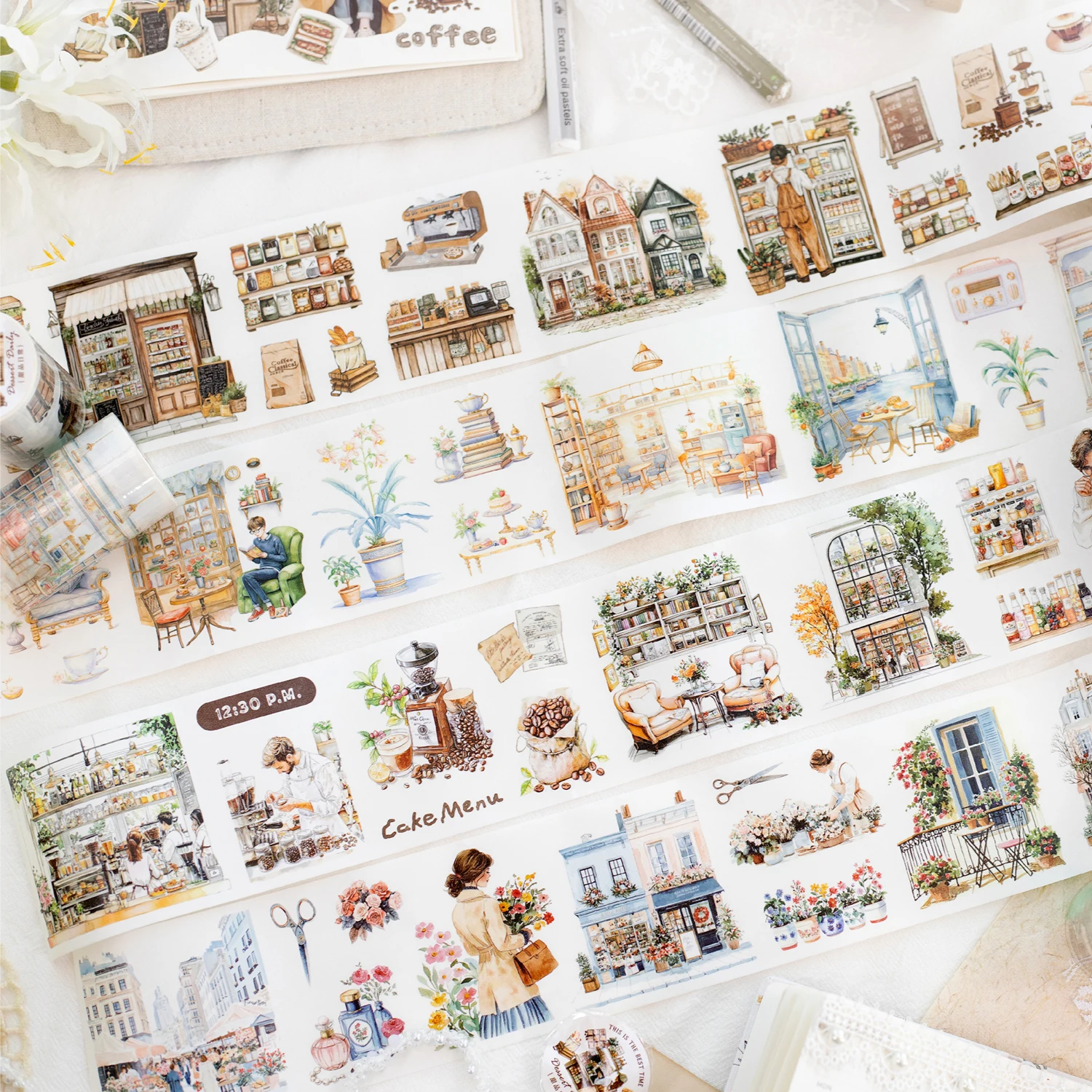 Vintage Warm Tone Girl Life Washi Tape Coffee Flower Shop Tape For Junk Journal Scrapbooking DIY Collage Decor
