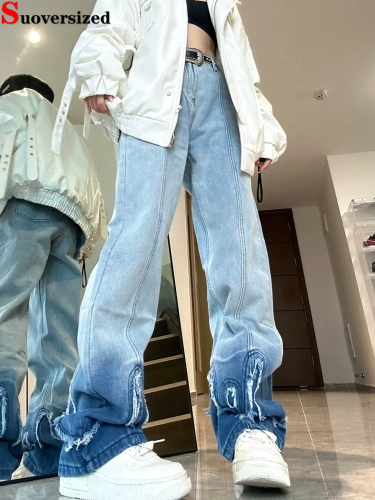 

Vintage Gradient Streetwear Jeans Korean Fashion Baggy Retro Denim Pants Women's Casual High Waisted Straight Wide Leg Vaqueros