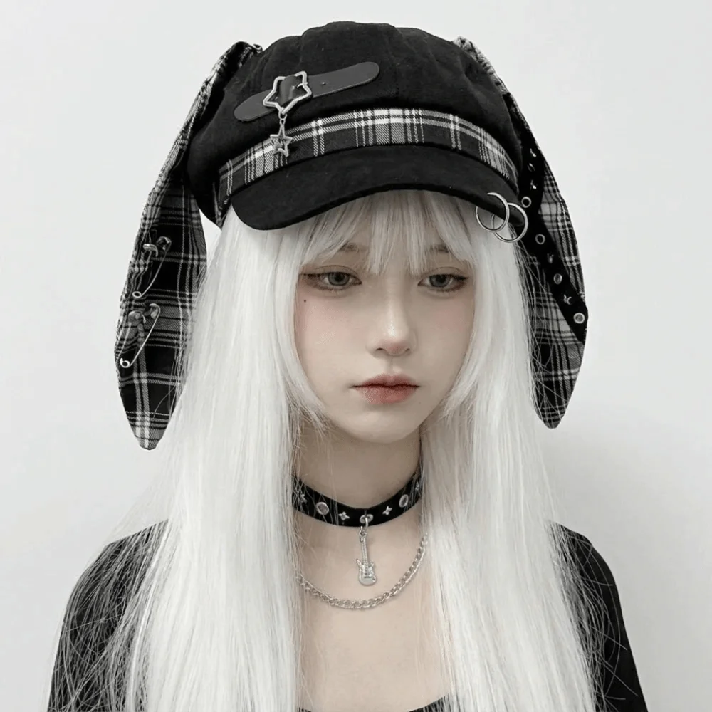 Vintage Rabbit Ears Plaid Beret Hat Thin Brim Irregular Octagonal Hat Lollita Gothic Newsboy Peaked Hat Women