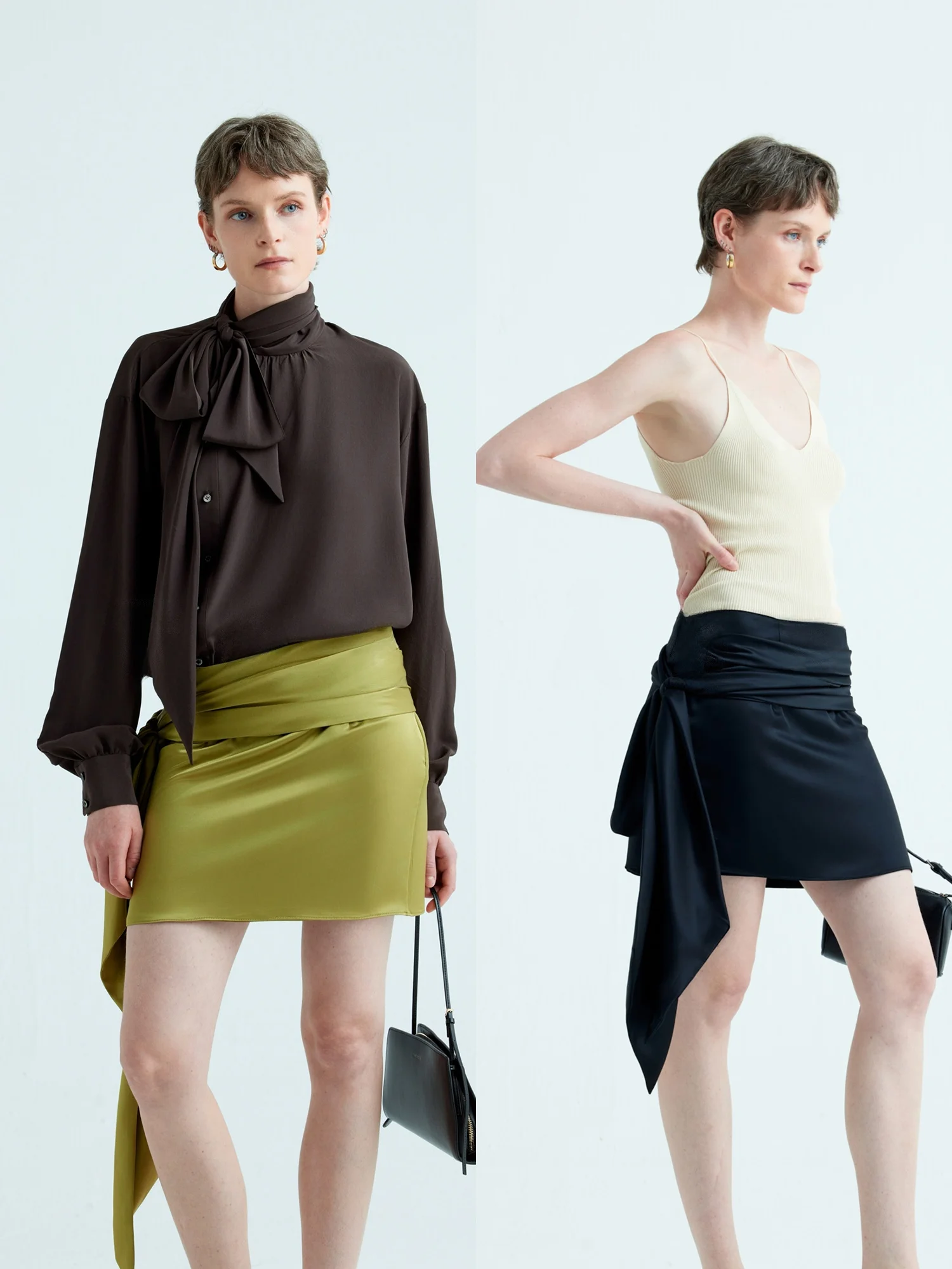 

Ele Faionable PRD iny Acetate Satin Belted Skirt ort Skirt the AES Commute Sle Regular Sve Long Sve Pu...