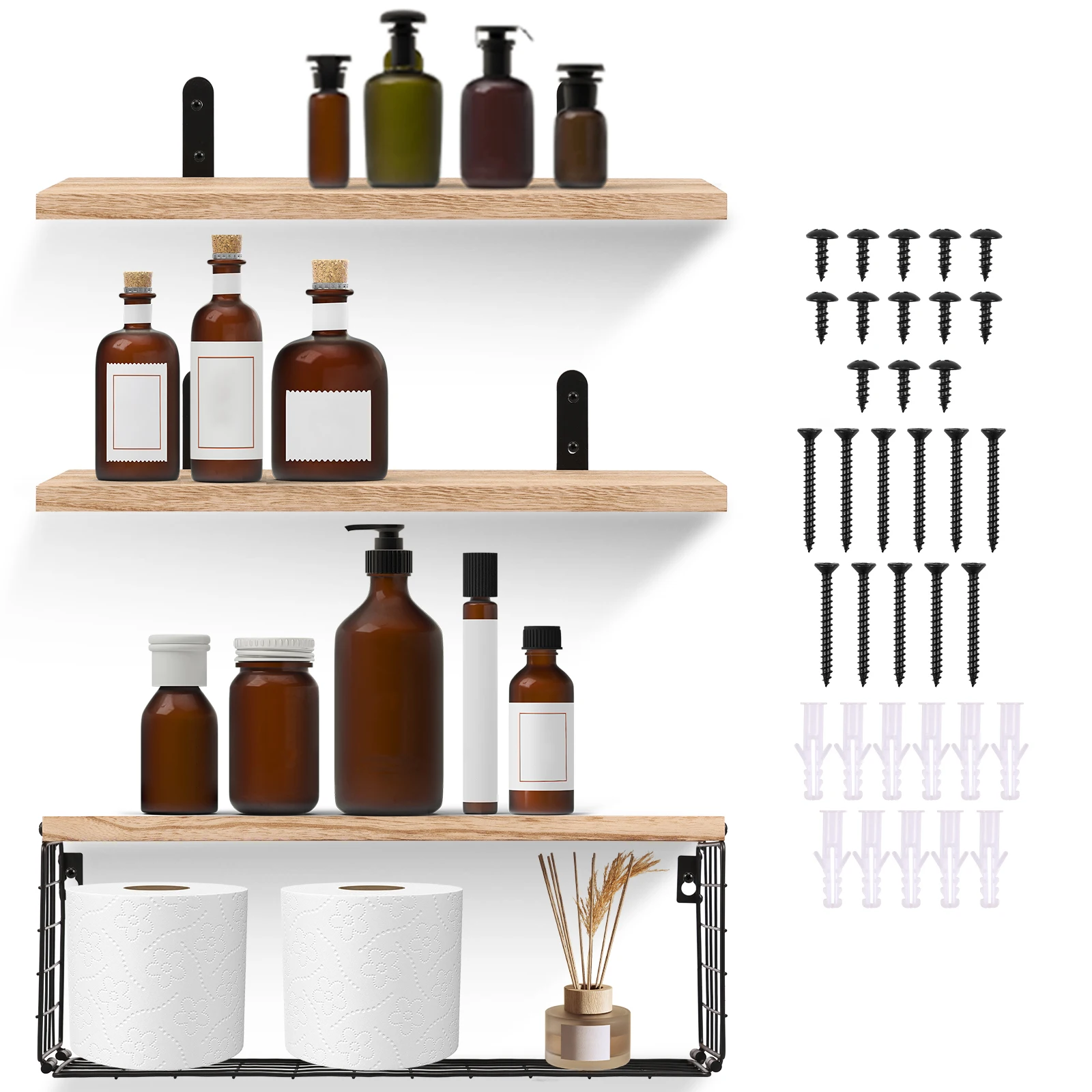 

Wooden Wall-mounted Storage Rack Bathroom Storage Basket Floating Showcase Decorative Wall Grid Organizer Home Accessories Decor