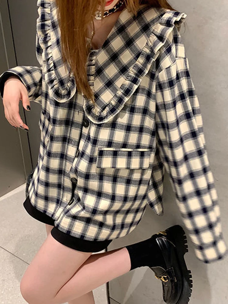 

Vintage Plaid Shirt Women Kawaii Long Sleeve Top Female Preppy Peter Pan Collar Blouse Lady Casual Loose Single Breasted Camisas