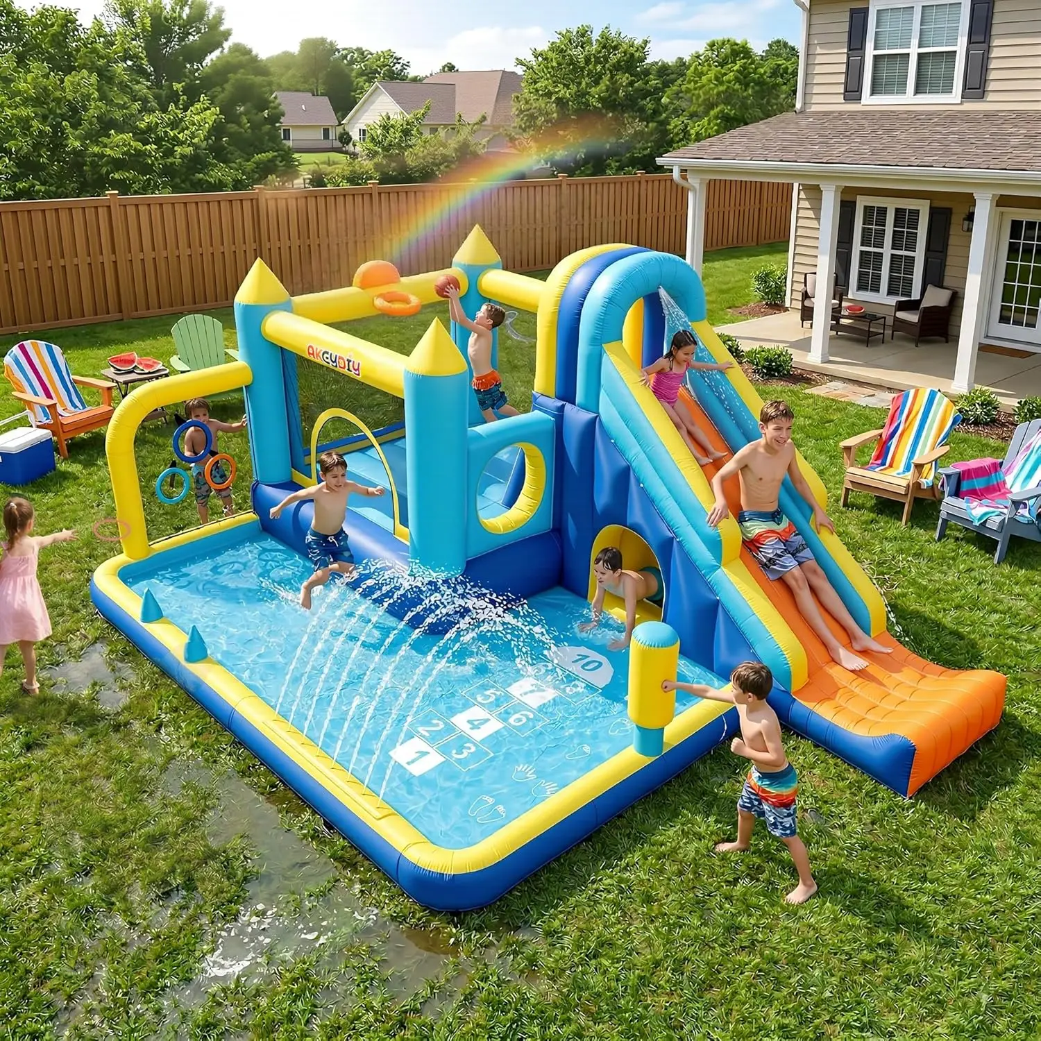 

AKEYDIY Inflatable Water Slide & Bounce House with Long Slide, Ball Pit, Tunnel, Basketball Hoop, Ring Toss, Sprinkler, Blower I