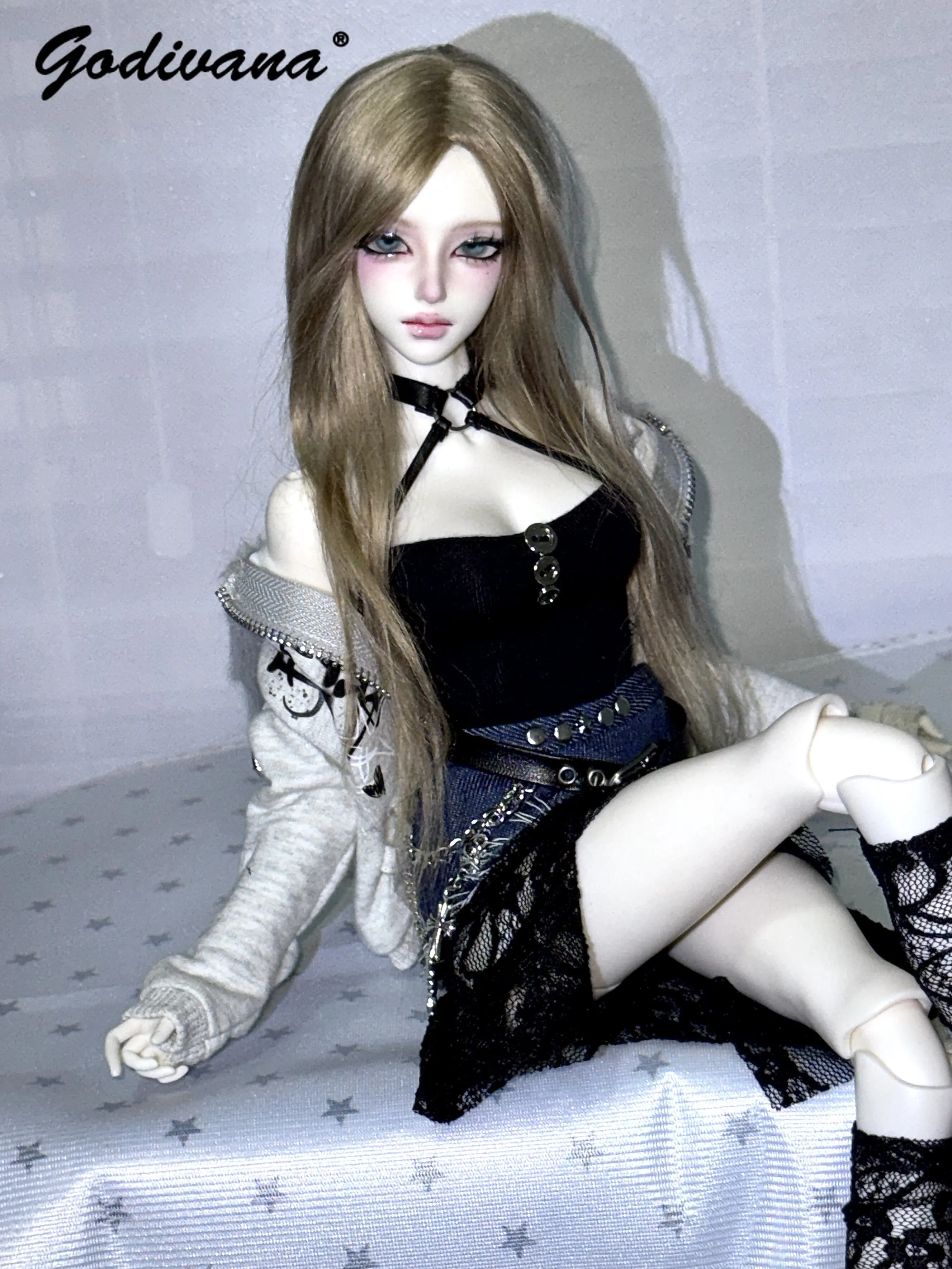 1/4 BJD Doll Clothes Subculture Punk Street Graffiti Hooded Jacket Denim Lace Patchwork Skirt with Mesh Leg Socks for 1/4 BJD