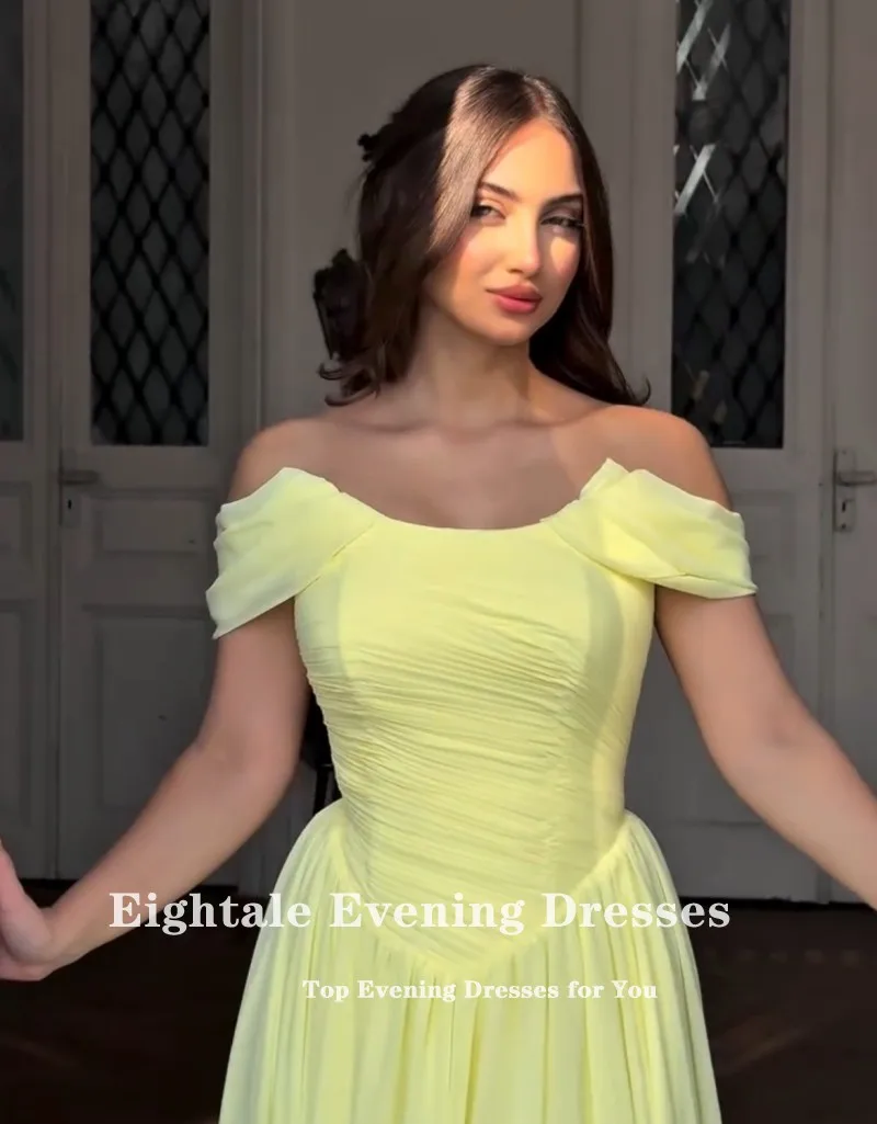 فستان سهرة عربي Eightale بطيات مغرفة مخصصة على شكل حرف A أصفر بطول الأرض بدون أكتاف مثير لحفلات الزفاف وحفلات الزفاف