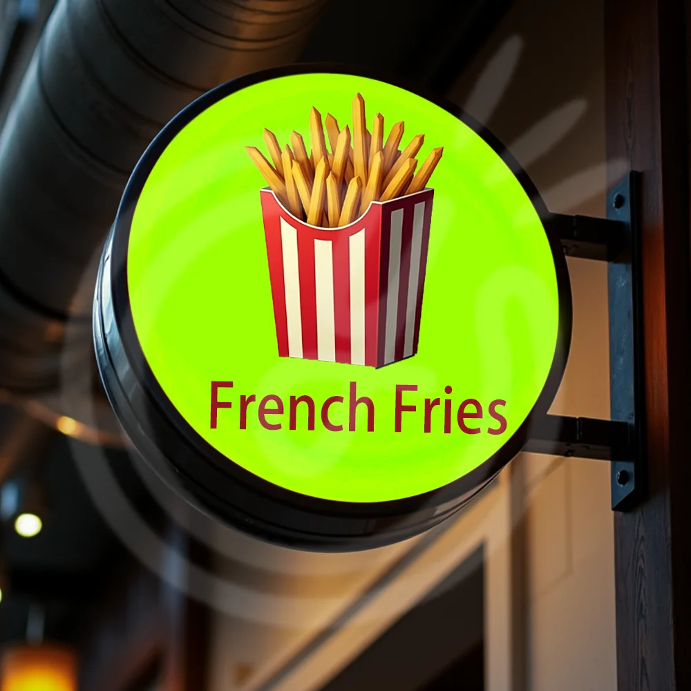 กล่องไฟ LED อะคริลิคทรงกลมแบบกำหนดเอง รูปทรงเฟรนช์ฟรายส์ สำหรับติดตั้งหน้าร้าน กันน้ำ สองด้าน ป้ายธุรกิจสำหรับภายนอกอาคาร ติดผนัง