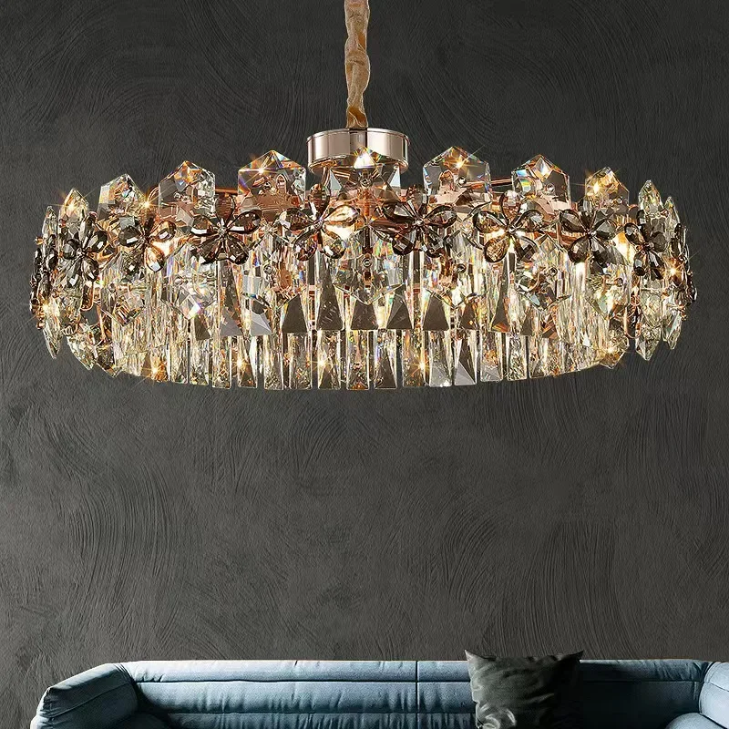 Modern Crystal Floral Chandelier, Gold Linear Pendant Light Luxury Dining Room Living Room Lighting Contemporary Home Decor Lamp