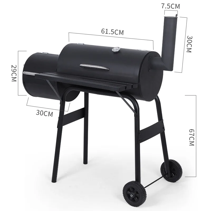 Trolley Smoker Large Barbecue Oven With Chimney  Barrel Outdoor Courtyard Charcoal Bbq Grill