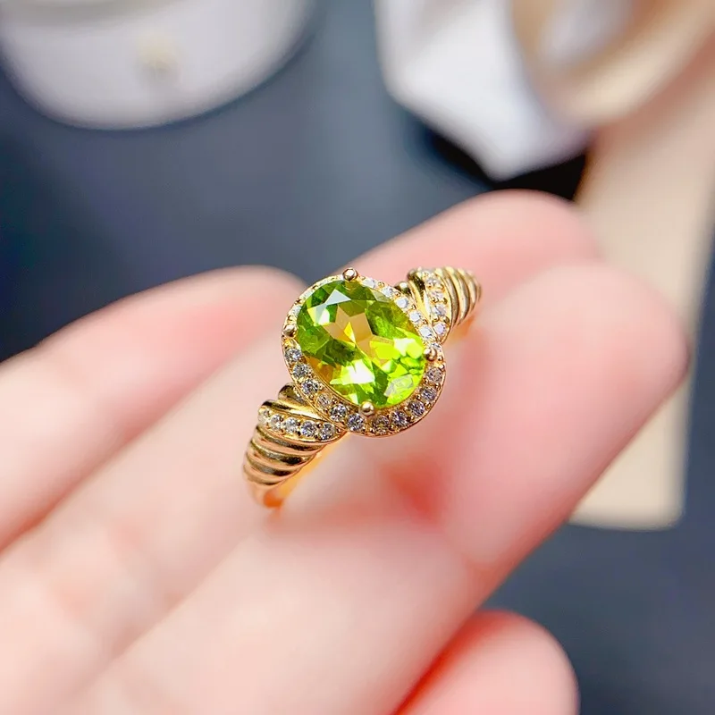 

S925 Sterling Silver Peridot Ring for Women Natural Gemstone with Certificate 8x6mm 18K Yellow Gold