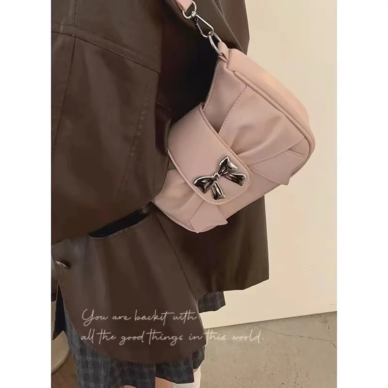 Roze Strik Dames Schoudertas Koreaanse Mode College Stijl Elegante Handtas Vierkante Geplooide Zoete Casual Lederen Oksel Tas