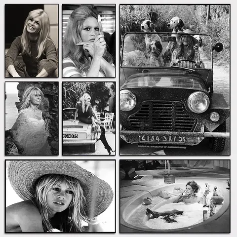 Vintage Black and White 70s Movie Star B-Bardot-with Dogs Photography Poster Canvas Painting Wall Art Pictures Home Decor