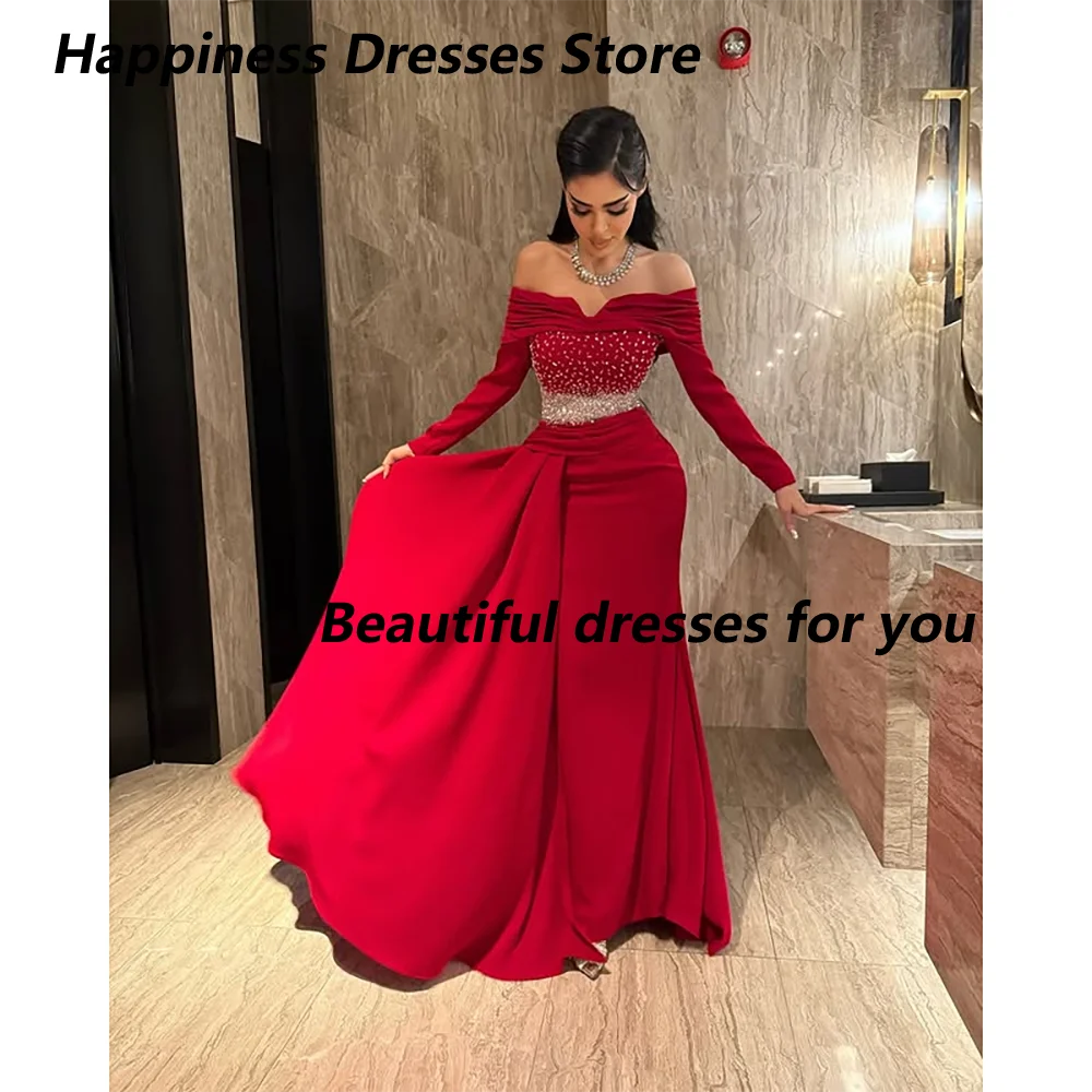 Robes de soirée rouges pour femmes, manches longues, épaules dénudées, longueur au sol, robes de bal sirène personnalisées