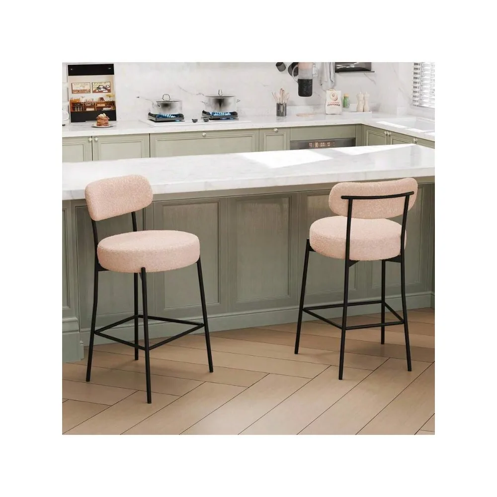 Beige Bar Stools Set of 2, 27.56 Inch Counter Height Barstools with Back, Modern Upholstered Boucle Seat Cushion, Sturdy Metal Legs for Kitchen Island, Dining Room, Living Room, Home Bar view 2