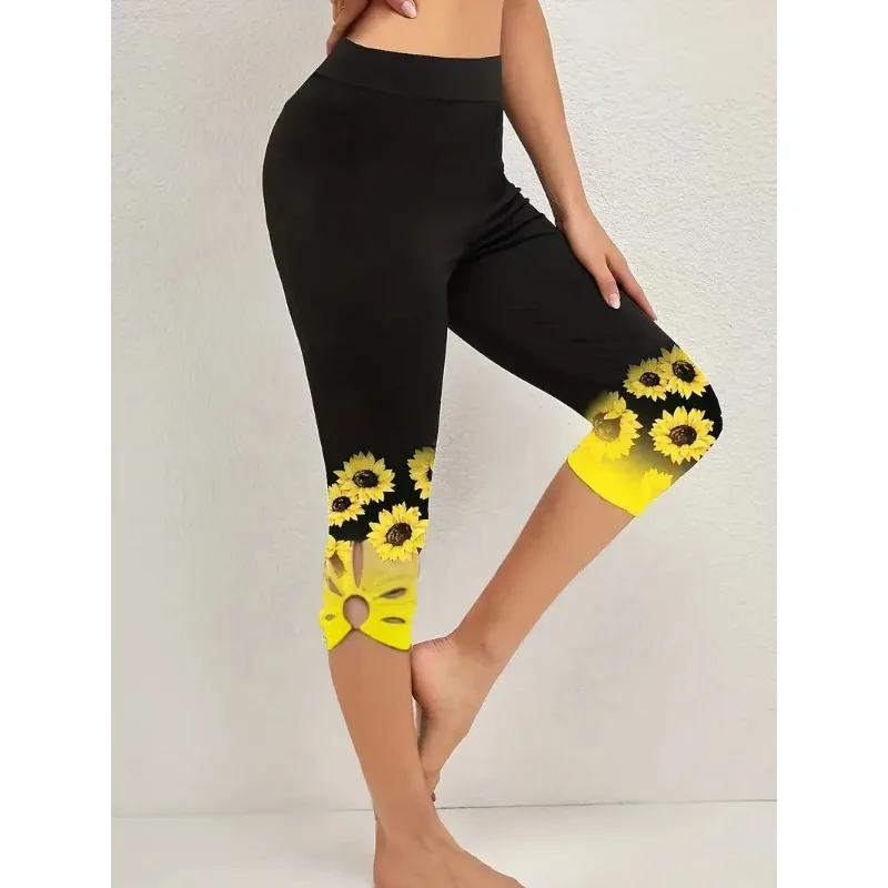 Damskie Plus Size 1XL-8XL nadrukiem słonecznika legginsy modne wycięte wygodne Finess Capri krzywe damskie idealne odzież na co dzień