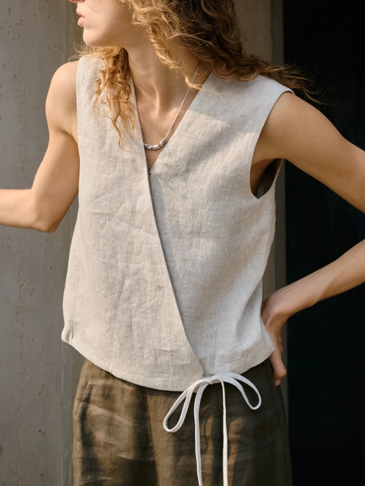 Women 100% Linen Wrap Top Old Money Style Sleeveless V Neck Blouse Summer Casual Tie Waist Minimalist Tank Top Weekend Vacation