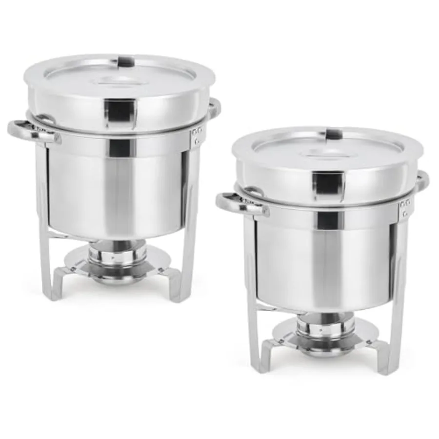 Commercial 7QT Soup Chafer Set 2 Pack Stainless Steel Round Food Warmers Set with Pot Notched Lids and Fuel Containers Soup War