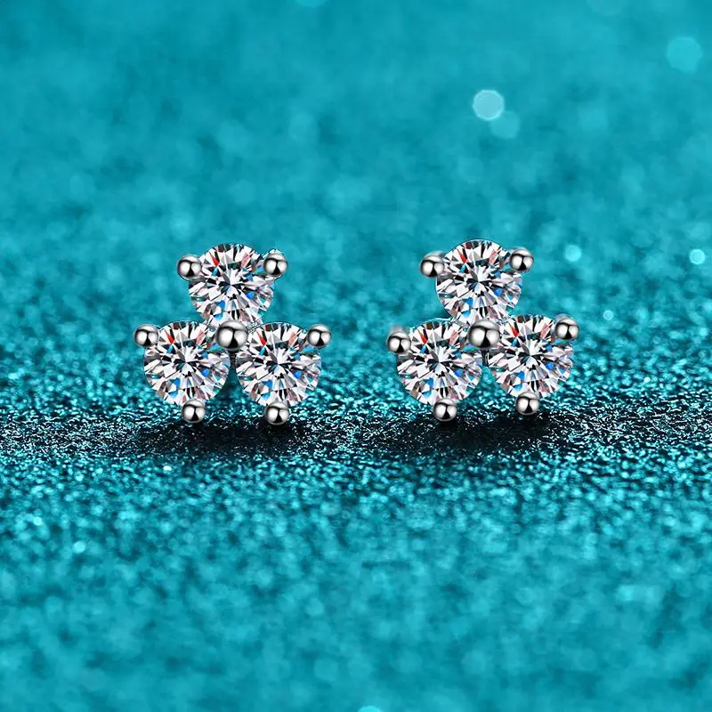 

3mm Genuine Moissanite Stud Earring for Women Rhodium Plated 925 Silver Wedding 3stones Sparkling Ear Studs Small Earring