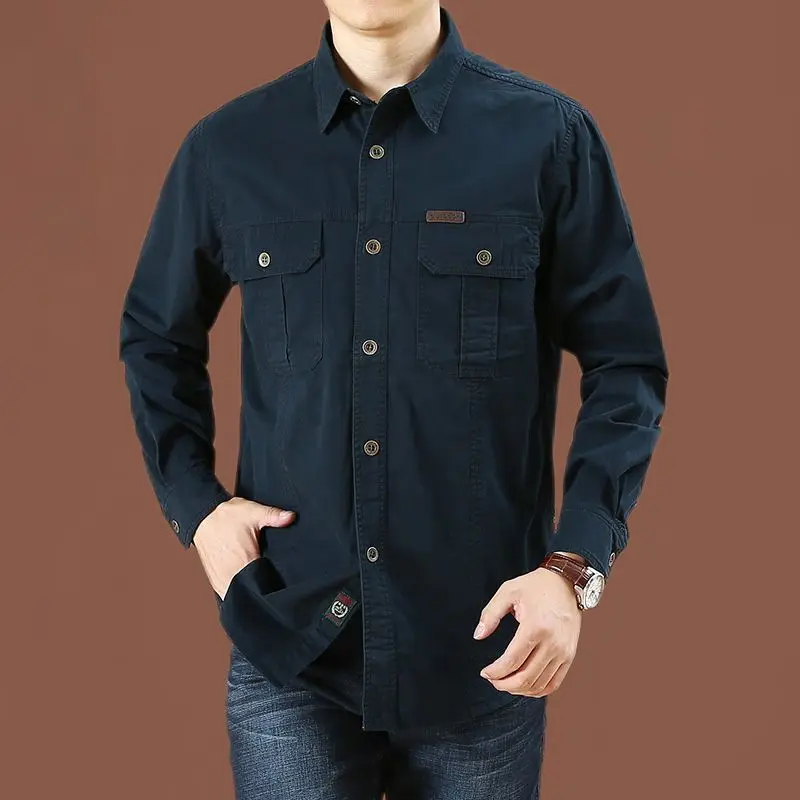 Outdoor Large Size Pocket Long Sleeve Shirt Coat Spring Autumn Business Casual Loose Men Chic Solid Color All-match Shirt Jacket