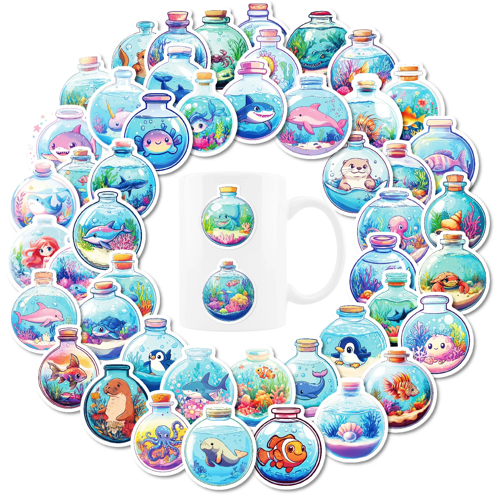 

10/30/50PCS Aesthetic Round Flask Underwater World Creative Graffiti Stickers for Water Bottle Mobile PC Journal Stationery