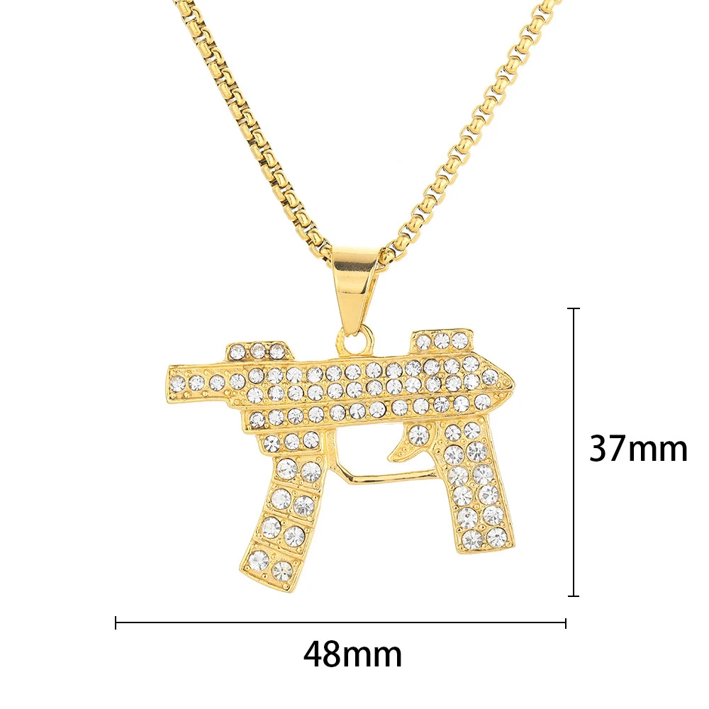 Hip Hop Fashion Assault Rifle Iced Out Shiny CZ Pendant Gold Color Stainless Steel Rapper Necklace Man Hippie Military Jewelry