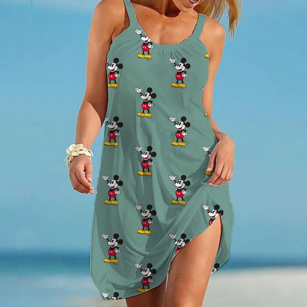 Disney Mickey Minnie Summer 3D Print Cartoon Dresses For Women 2024 Backless Women\'s Beach Dress Cute Sexy Loose Sling Beach