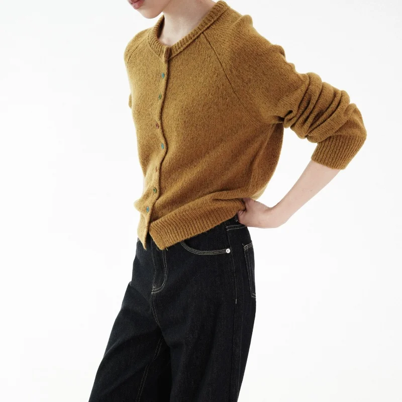 Birdtree, Kardigan Rajut 100% Wol Domba, Sweater Wanita Retro Kerah O Lengan Panjang, Atasan Musim Gugur Musim Dingin 2025, Beige, Kuning T5O816JF