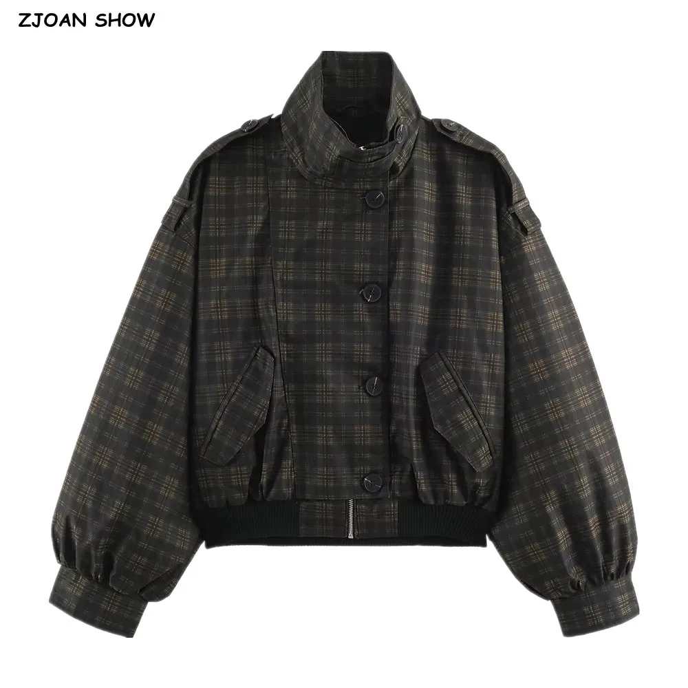 Autumn Women Front Buttons Zip Up High Collar Plaid Pilot Jacket Lantern Sleeve Rib Elastic Hem Loose Coat Outdoor Outerwear
