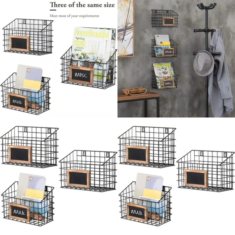 

Set of 3 Matte Black Metal Wall Baskets with Chalkboard Labels for Home Storage, Small Hanging Organizers for Kitchen, Pantry, a