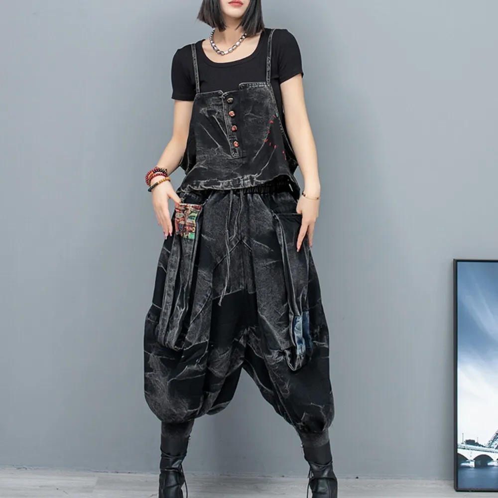 Personalized Cool Distressed Denim Print Patchwork Vest + Lantern Pants Two-piece Set Women Spring Summer New LX782F1