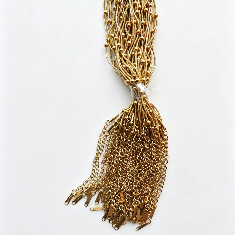 25pcs 0.9mm Gold Color Stainless Steel Snake 3mm Beads Chain Necklaces 40cm+5cm with Lobster Clasp DIY Jewelry Making Wholesale